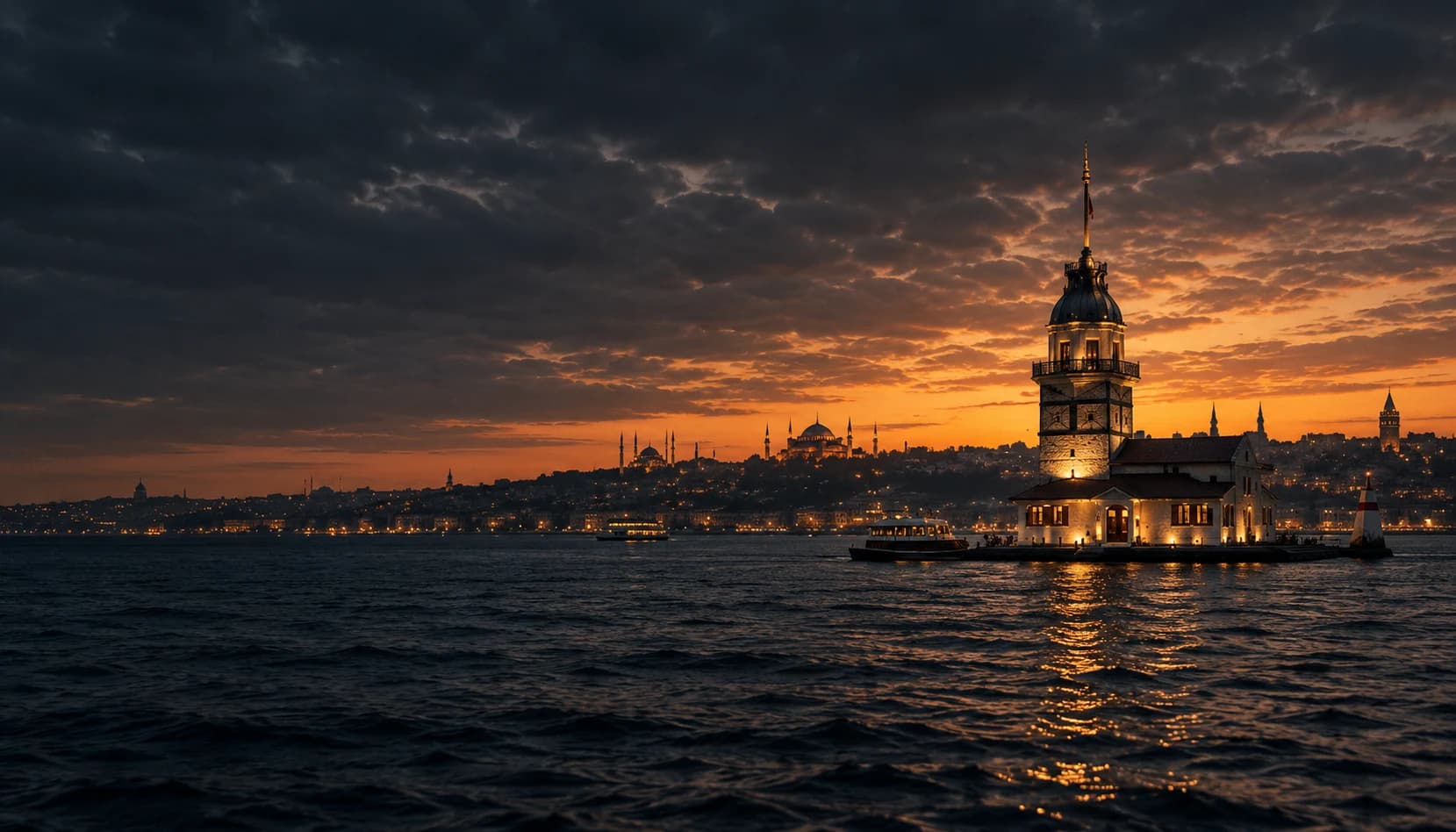 Maiden’s Tower on the Bosphorus at sunset in Istanbul